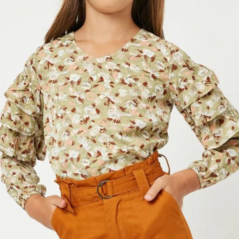 Hayden Girls Sage V-Neck Floral Ruffle Long Sleeve Top Blouse - size XL NWT - Picture 1 of 10